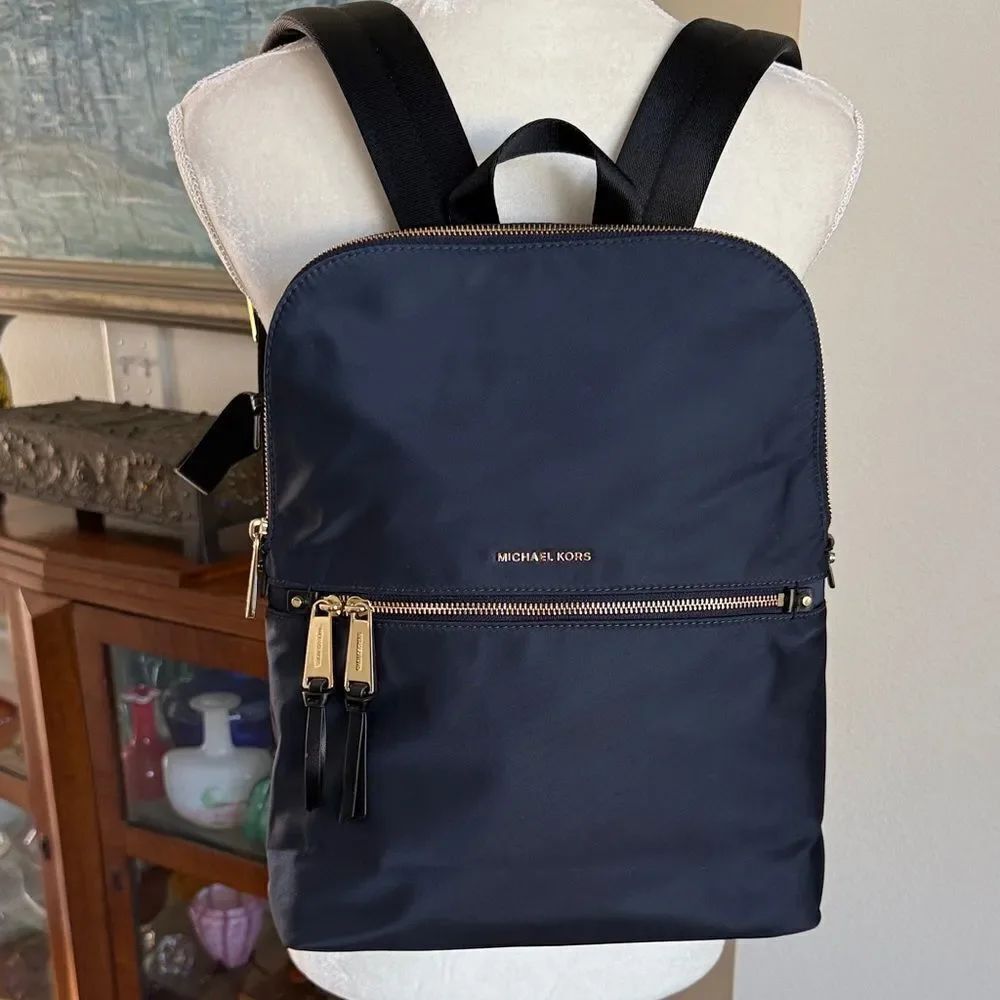 NWOT Michael Kors MK Polly Nylon Navy Backpack with Gold Details